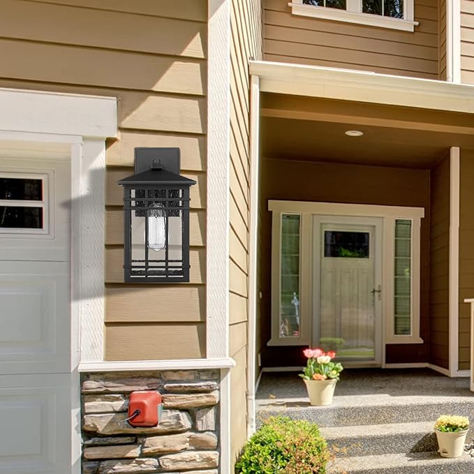 Outdoor Wall Lantern, Exterior Light Fixture Mount, 1-Light Waterproof Lighting With Seeded Glass for Porch, Garage, Patio, Hallway, Entryway, Black