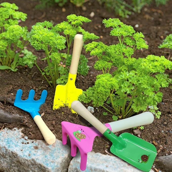 Kids Gardening Set Wooden Handle, 6 Piece (Pink+Blue), Kids Beach Shovel Set, Sandbox Play Toy and Garden Hand Tool