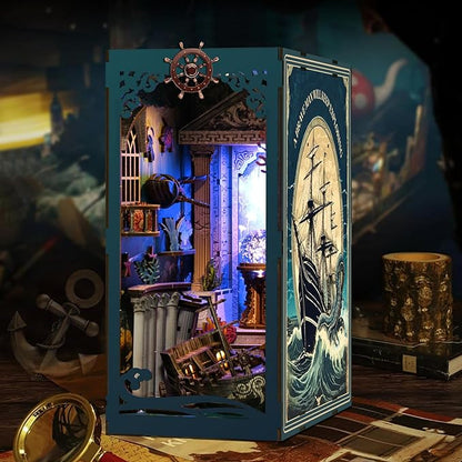 ISSEVE Book Nook Kit, DIY 3D Wooden Puzzle Dollhouse Booknook for Adults, Tiny Miniature House Kit Bookshelf Decor with LED Light and Dust Cover, Gifts for Family and Friends (Sea Maze)
