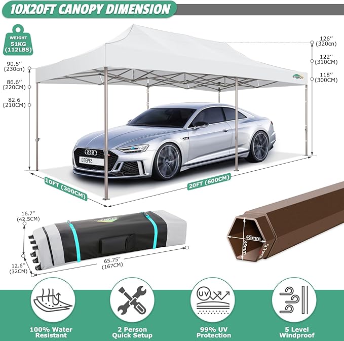 COBIZI 10x20 Pop Up Canopy Heavy Duty Without Sidewalls, Commercial Heavy Duty Pop Up Tent for Parties All Weather Waterproof and UV 50+ Wedding Tent with Roller Bag(Legs Upgraded),White