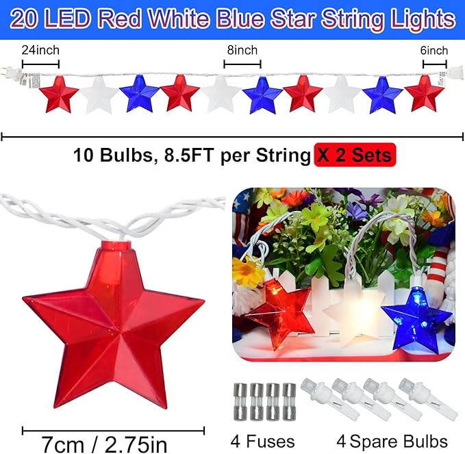 20 LED 4th of July Decor Big Star Lights, 17FT Red White and Blue Star String Lights Plug in, Memorial Day Independence Day Patriotic Decorations Outdoor Indoor for Home Garden Patio, White Wire