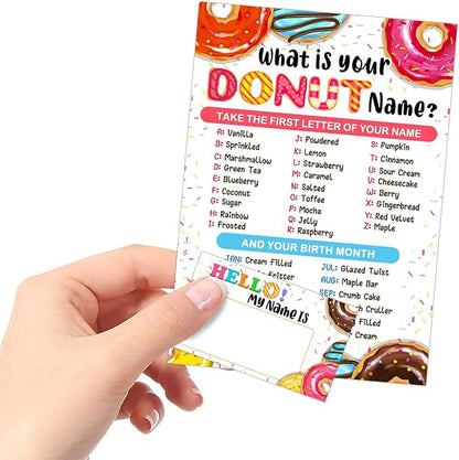 What is Your Donut Name Game, Game Sign and 30 Cards, Donut Birthday Party Sign for Girls, Wedding, Anniversary, Holiday Activity, Kids Donut Activity Cards