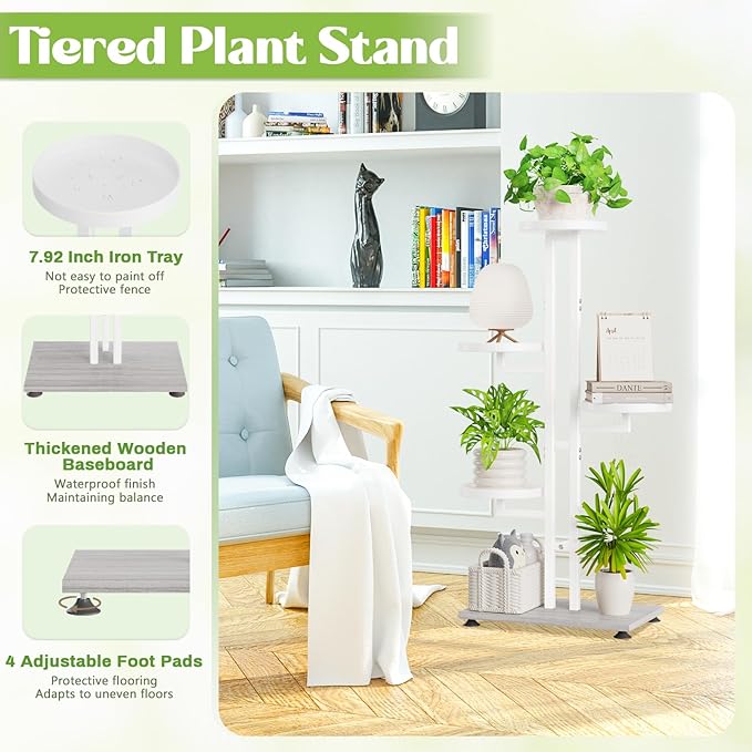 iDavosic.ly 5 Tier Plant Stand Indoor Outdoor, Tiered Corner Multiple Flower Pot Holder Shelf, Metal 34 Inch Tall Display Rack for Patio Porch Living Room Garden Balcony Bedroom, White