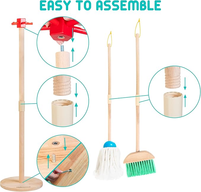 Kids Cleaning Set, 8 Pcs Wooden Housekeeping Play Set Includes Broom Mop Duster Dustpan Brushes Rag and Organizing Stand, Cleaning Toys Gift for Toddlers Girls Boys Age 3-6, Solid Beech Wood