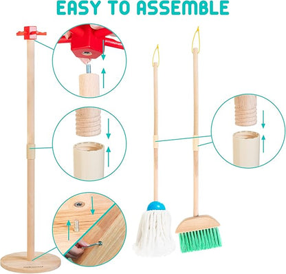 Kids Cleaning Set, 8 Pcs Wooden Housekeeping Play Set Includes Broom Mop Duster Dustpan Brushes Rag and Organizing Stand, Cleaning Toys Gift for Toddlers Girls Boys Age 3-6, Solid Beech Wood