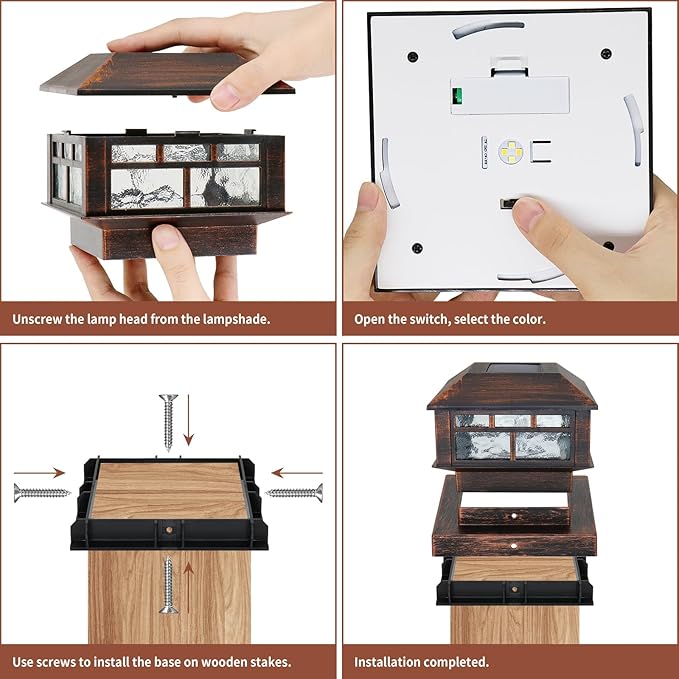 Solar Post Lights Outdoor, 20LM Fence Post Cap Lights, Waterproof, 2 Light Modes, Fit 3.5x3.5in 4x4in 5x5in Wooden Post, Solar Power Deck Lights for Garden Deck Patio Decoration(Bronze 2Pack)