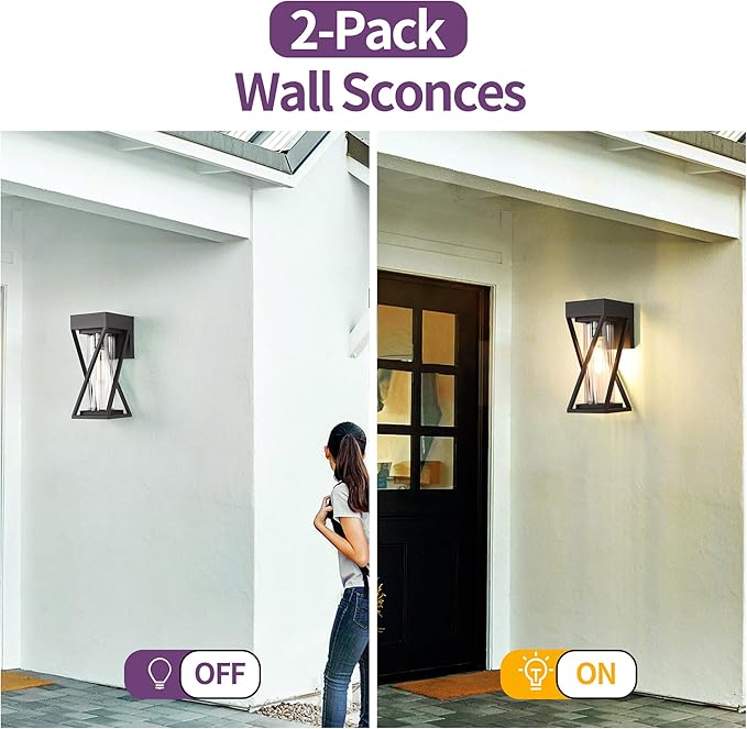 Outdoor Wall Lights Set of 2, Exterior Sconce Lighting Fixtures, Black Outdoor Porch Lights, Outdoor Wall Lantern with Clear Stripe Glass for Patio, Garage