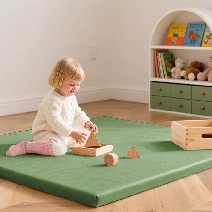 Baby Play Mat 50x50 Inches,1.3" Thick Padded Waterproof Floor Cushion & Playpen Mat with Vegan Leather,Non-Slip & Non-Toxic Nursery Rug for Infants, Toddlers & Kids(Green)