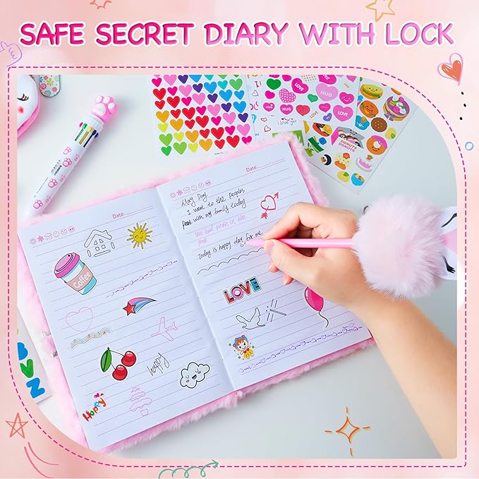 Gifts for 6 7 8 9 Year Old Girls, Diary with Lock for Girls - Journal Kit for Girls with Bookmarks Sticky Notes Pom Pom Pen Fuzzy Notebook (Fox Diary,Pink)