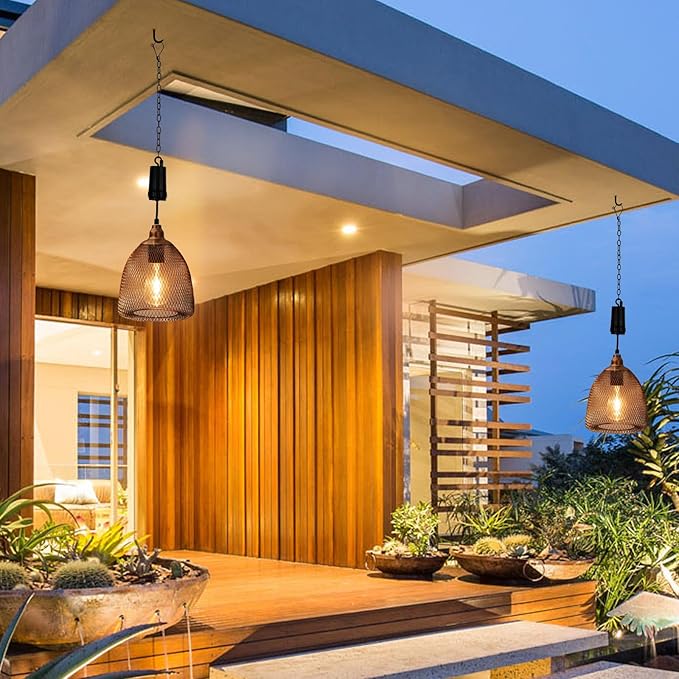 Battery Operated Hanging Light with 6 Hours Timer-Outdoor Indoor Pendant Chandelier Waterproof Lamp Lantern for Gazebo Porch Garden Patio Decorative Metal Warm White Bulb（Brown）