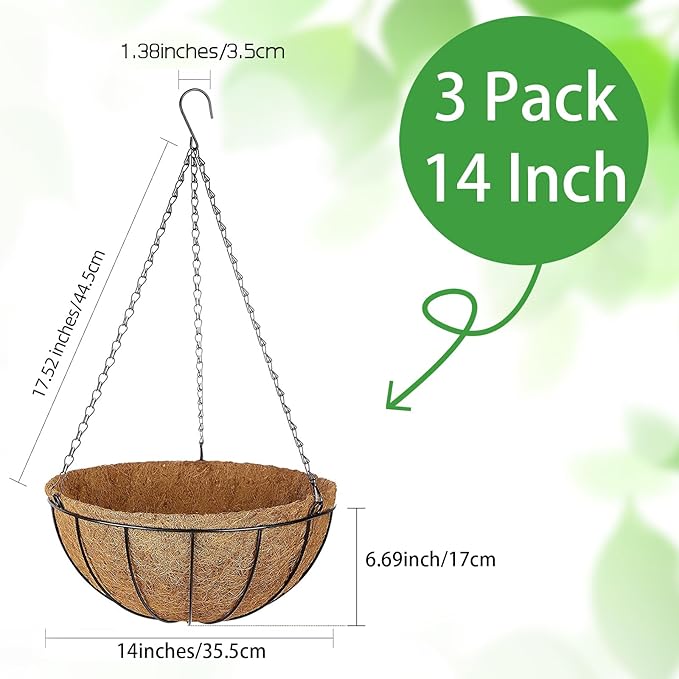 ZeeDix 3 Pack 14 Inch Metal Round Hanging Planter Basket with Coconut Liners Replacement, Hanging planters Baskets with Natural Coco Liner for Outdoor Indoor Planters Flowers Vegetables