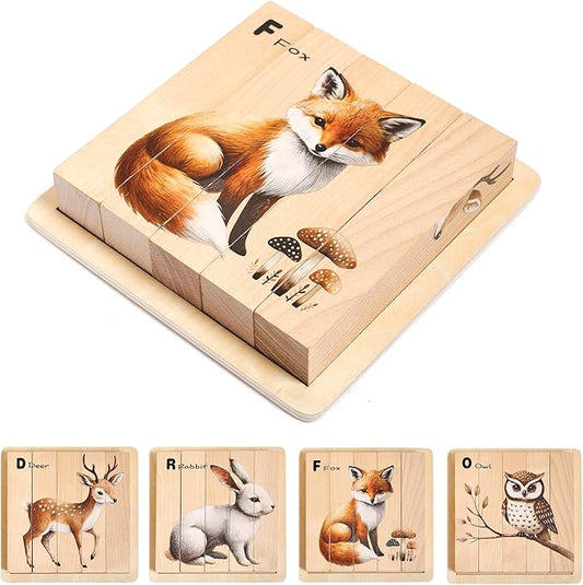 Promise Babe Wooden Forest Animal Puzzles Toy for Toddlers 1-3, 4-in-1 Montessori Toys Learning Educational Chunky Puzzle for 2-4 Years Old, Baby Boys Girls Gifts