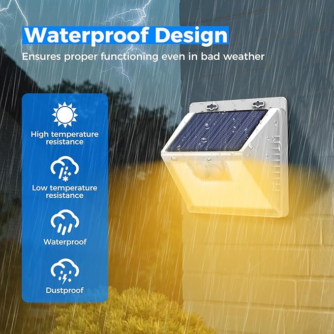 Peasur White Frame Solar Motion Sensor Lights Outdoor - 2 Packs, 180LED Warm Solar Wall Lights, Waterproof, 3 Modes Fence Security Lighting for Deck, Yard, Stairs, Garden