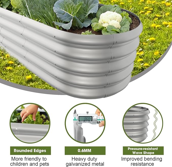 4x2ft Oval Galvanized Raised Garden Bed Kits 16" Tall Outdoor Large Metal Modular Planter Box 9-in-1 Raised Beds for Gardening,Vegetables,Fruits,Flowers & Herbs (Silver)