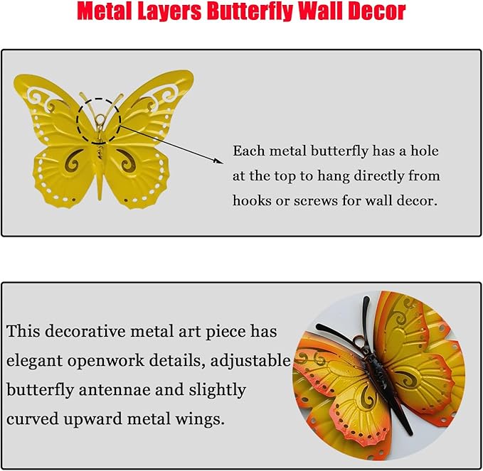 3 Pcs Metal Butterfly Wall Decor, Colorful Animal Wall Panel - Perfect Home Decor Accent with Yellow, Red, and Blue Butterfly (Butterfly)