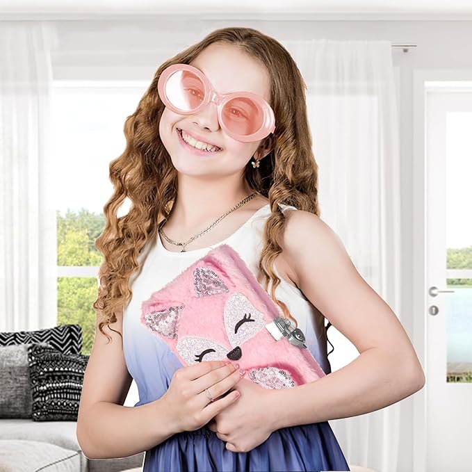 Gifts for 6 7 8 9 Year Old Girls, Diary with Lock for Girls - Journal Kit for Girls with Bookmarks Sticky Notes Pom Pom Pen Fuzzy Notebook (Fox Diary,Pink)