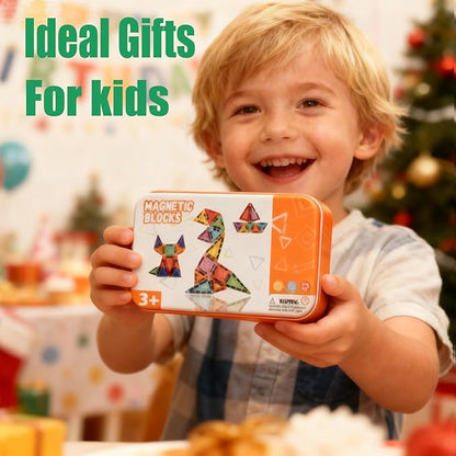 60PCS Mini Magnetic Tiles Building Blocks Set with Portable Iron Case, STEM Travel Toys for Kids Ages 3+, Educational Magnet Construction Puzzles for Boys and Girls,Toddler Puzzle Birthday Gift Toys