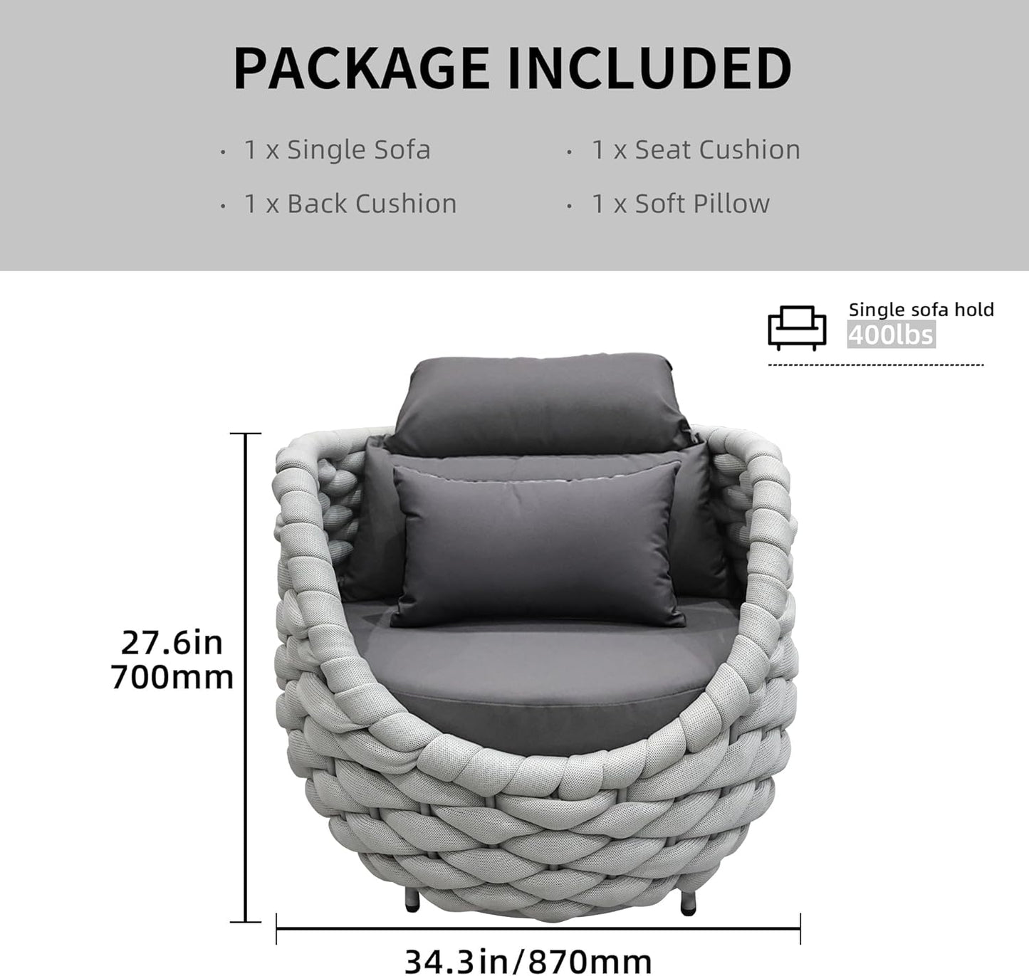 TWT Aluminium Patio Sofa Chair with Armrests Outdoor Chairs Small Patio Couch, All Weather Frame with Grey Thick Cushion for Balcony Porch Yard