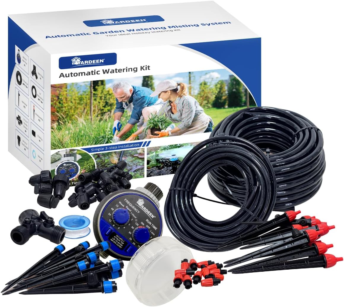 Micro Drip Irrigation Kit Automatic Garden Watering Misting System with 8/12 inch 4/7 inch Irrigation Tubing Hose and Water Timer for Greenhouse, Yard, Lawn
