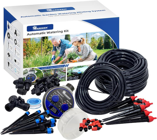 Micro Drip Irrigation Kit Automatic Garden Watering Misting System with 8/12 inch 4/7 inch Irrigation Tubing Hose and Water Timer for Greenhouse, Yard, Lawn