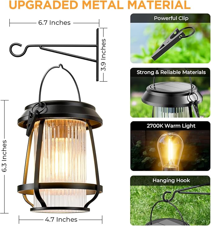 Solar Lanterns Outdoor Waterproof, Metal Hanging Solar Lights Outdoor with Hooks Wall Mount Kit, Solar Powered Lanterns for Garden Porch Patio Fence Decorative 4 Pack (Warm Light)