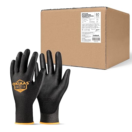 OKIAAS Work Gloves for Men, Ultra Thin and Lightweight with Grip, Bulk Case of 60 Pairs Construction Gloves with Polyurethane Coating, Safety Gloves for Light Duty Work (Black, Small)