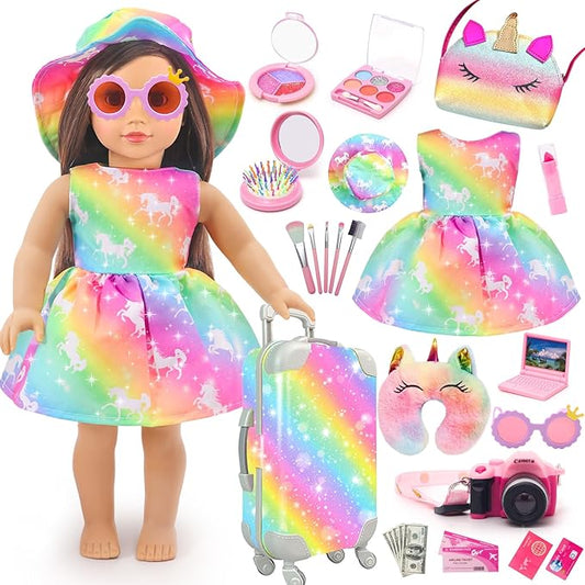 American 18 Inch Doll Accessories Travel Set Brilliant Colors Including Suitcase Luggage and Dress with Hat, Camera, Makeup Sets Dolls Travel Gear Play Set Gift for Birthday (NO Doll)