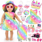 American 18 Inch Doll Accessories Travel Set Brilliant Colors Including Suitcase Luggage and Dress with Hat, Camera, Makeup Sets Dolls Travel Gear Play Set Gift for Birthday (NO Doll)