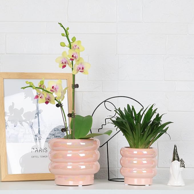 5.7 Inch +4.1 inch 2 pcs Ceramic Plant Pots for Indoor Plants, Rainbow Pearl Glaze Planter with Planters for Plants with Drainage Hole, Orchid Pots, Succulent Pot, Flower Pot (Pink)