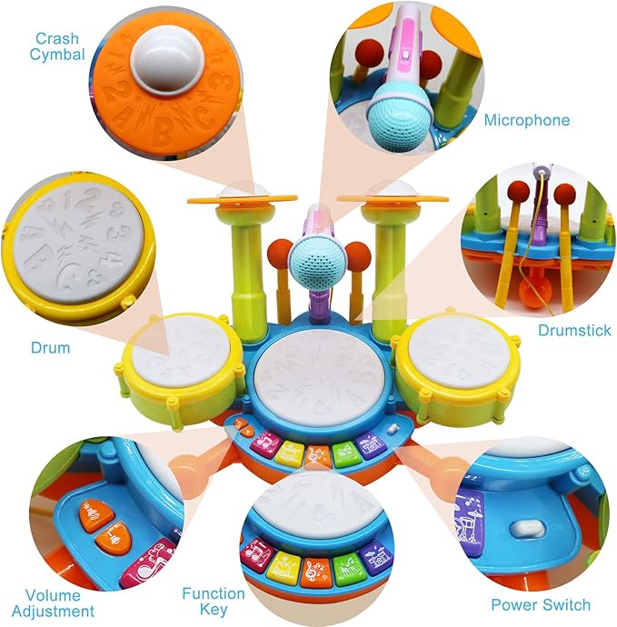 Drum Set for Toddlers, Kids Musical Instruments, Toys for Boy Birthday Gifts, Electric Drum Kit for Babies Boy Girl
