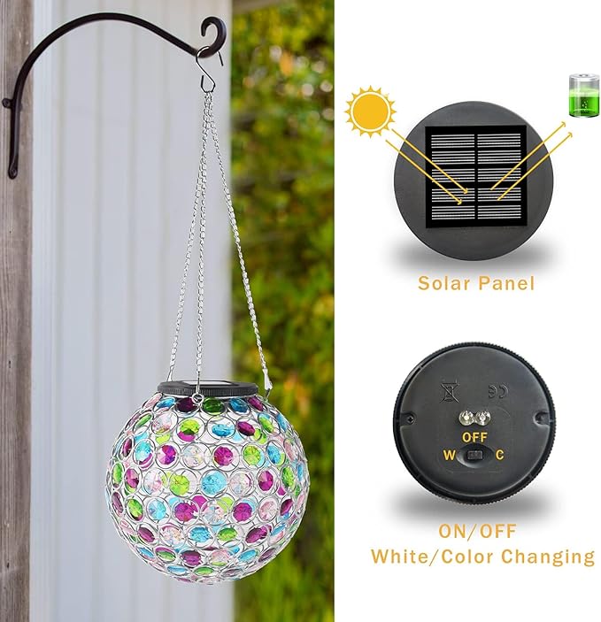 Solar Hanging Lantern Outdoor Lights, Dual LEDs Color Changing and Cool White Hanging Light Waterproof Crystal Globe Lamp Decoration in Garden, Pathway, Front Door - Multi Color