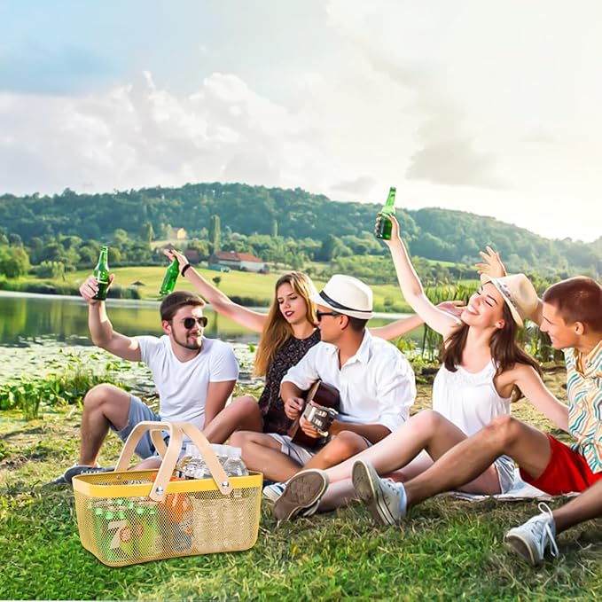 Portable Mesh Harvest Basket - Natural Bamboo Handle Foldable Organizer for Kitchen, Garden & Picnic | Ventilated Storage Bin with Rust-Proof Wire, Space-Saving Farmhouse Decor (Lemon Yellow)