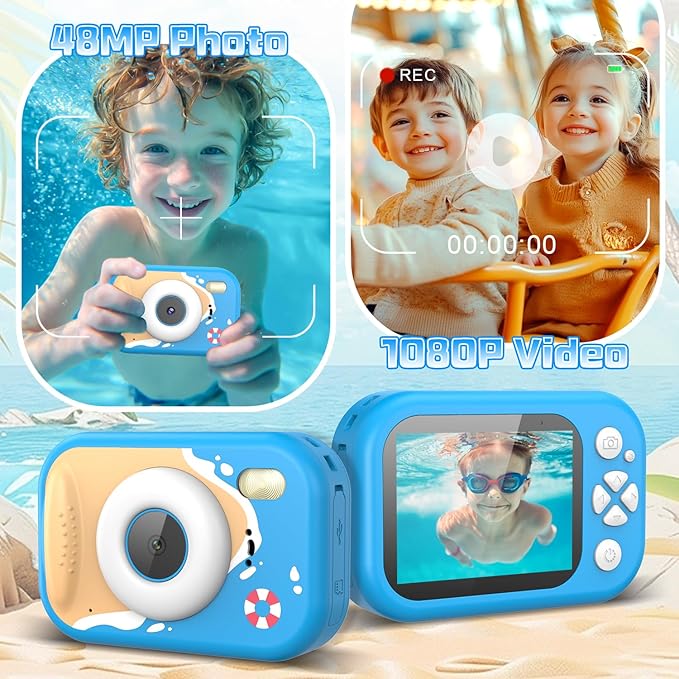 Kids Camera Waterproof, IP68 Underwater Camera for Kids Aged 3-12, HD Kids Digital Camera with 1080P Video Recording, Durable ABS Material, Pool Toys for Boys Girls with 32GB Card(Blue)