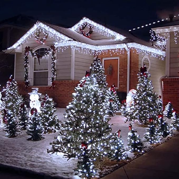 Upgraded Solar Christmas Icicle Lights,304 LED Outdoor Christmas Decorations 8 Modes Waterproof Solar Icicle Lights for Patio Yard Garden Wedding Party House Xmas Tree Roof Decorations(Cool White)