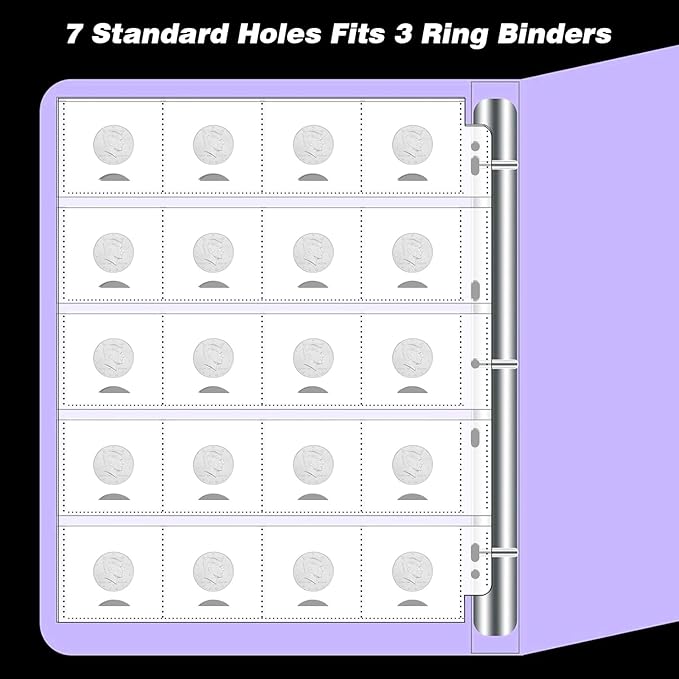 60 PCS 20-Pocket Thumb-Cut Coin Pages - Coin Pocket Pages for 2 x 2.1 Inch Cardboard Coin Holders, Collecting Sleeves for Coin Flips, 1000 Pockets for Coin Binder, Coin Collection Storage Supplies