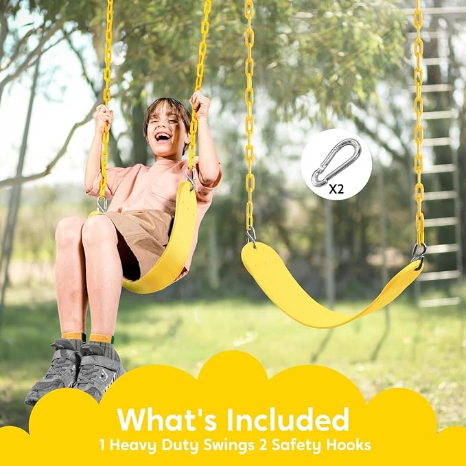 TURFEE Swing for Outdoor Swing Set - Pack of 1 Seat Replacement Kit with Heavy Duty Chains - Backyard Swingset Playground Accessories for Kids (Yellow)
