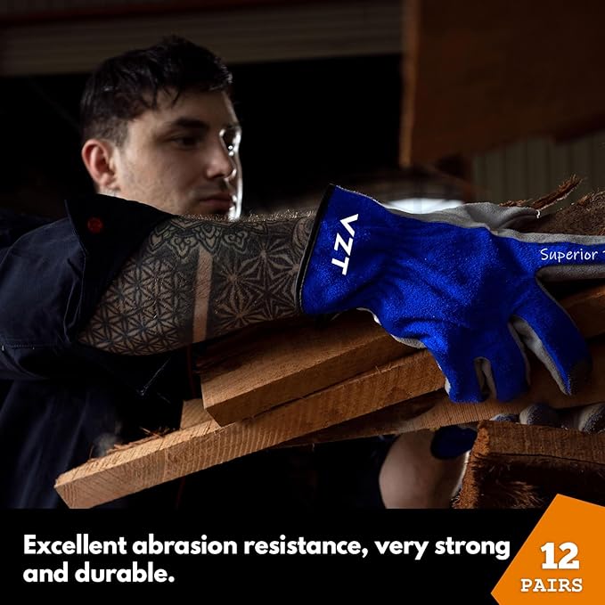 12 Pairs Bulk Leather Work Gloves for Men or Women for Construction, Wood cutting, Driving, Gardening, Automotive Repair, Water Resistant, Soft, Cowhide, Class 4 Abrasion Resistant, Blue-White, L
