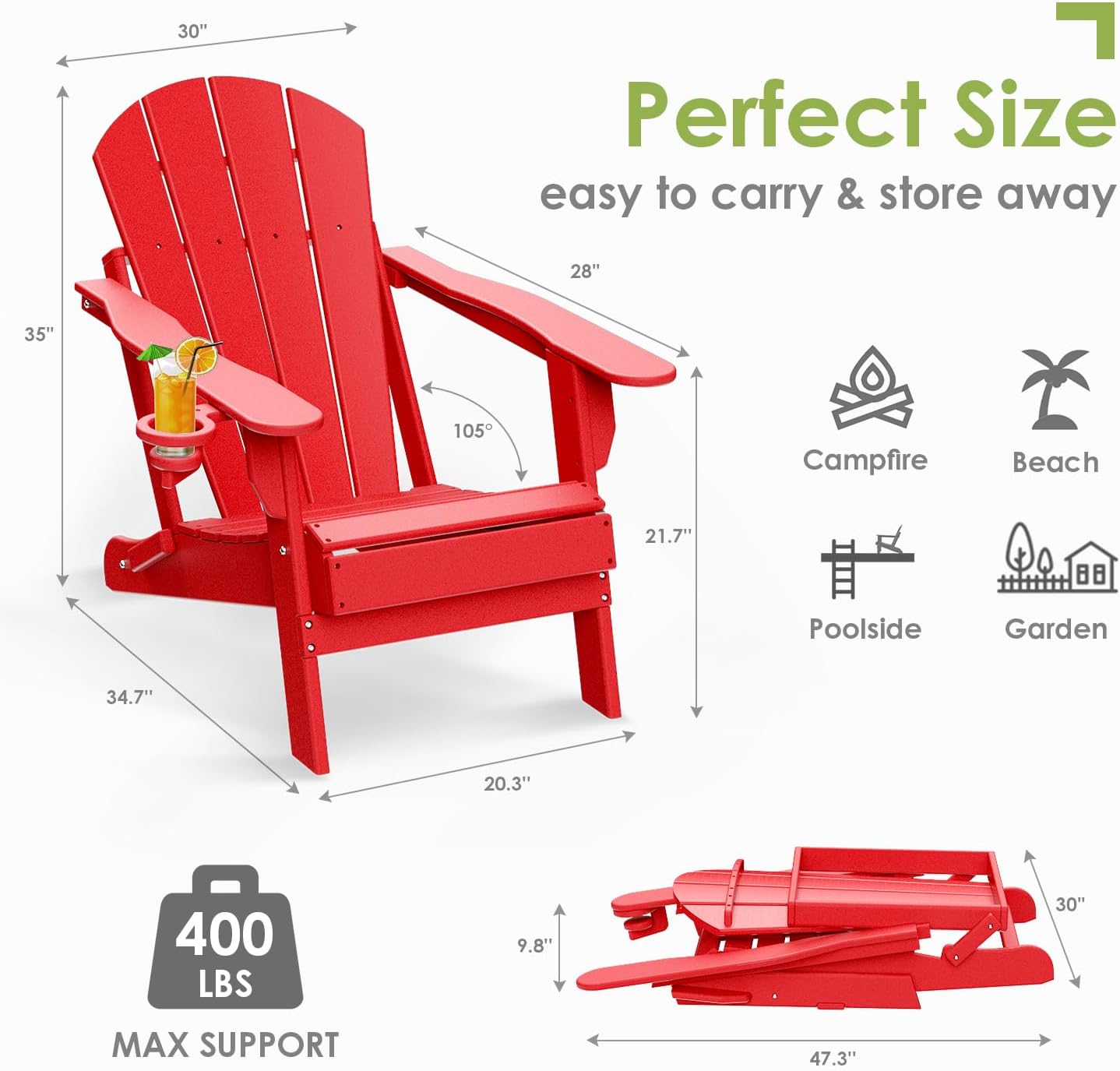 GREENVINES Folding-Adirondack-Chairs-Set-of-6 | HDPE Plastic | Fire Pit Chair | All Weather | Cup Holder | Red | for Deck Backyard Patio Outdoor Garden