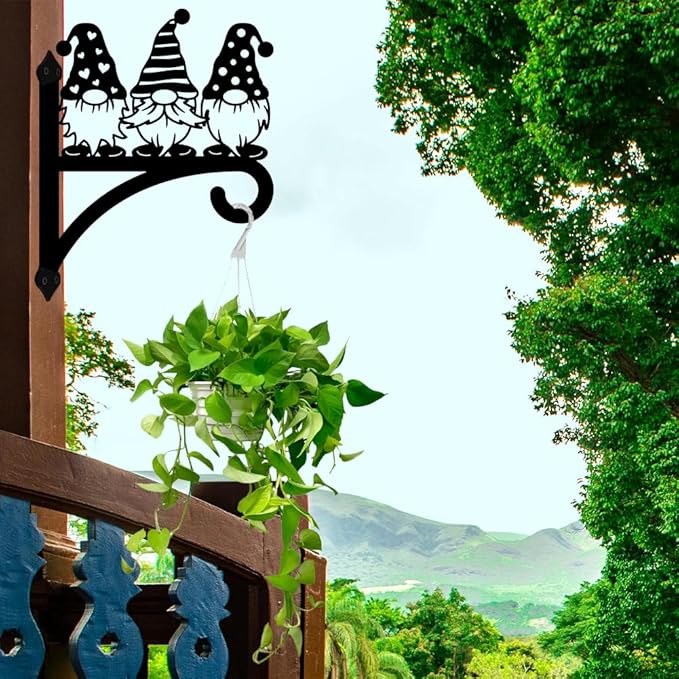 peacoblue Iron Plant Hangers Hooks for Outdoor Indoor Hanging Plants Flower Fern Pots, Lantern, Bird Feeder, 12”x14”Gnome Weather Resistant Metal Wall Brackets Holder for Porch, Garden, House(Gnome)