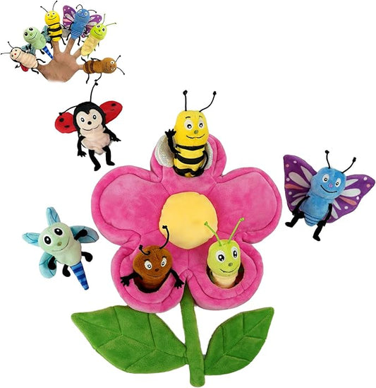6pcs Insect Finger Puppets Bringing a Flowers House, Novelty Animals Toys Puppet for Kids, Storytelling Role-Playing Plush Finger Puppets Gifts for Boys and Girls