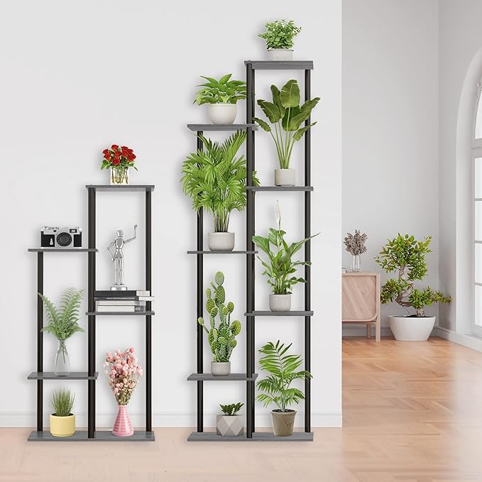 Plant Stand Indoor 5 Tier 6 Potted Metal Wood Plant Shelf, Multiple Flower Pots Corner Tall Plant Holder Stands for Living Room Balcony Bedroom, Oak Grey
