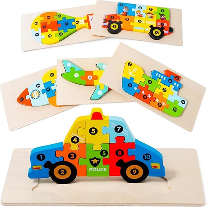 6 Pack Wooden Vehicle Toddler Puzzles for Kids Ages 3 4 5 6, Baby Montessori Toys for Kids Age 3 Years+, Transport Vehicles Learning Jigsaw Toys for Boy Girl Ideal Gift
