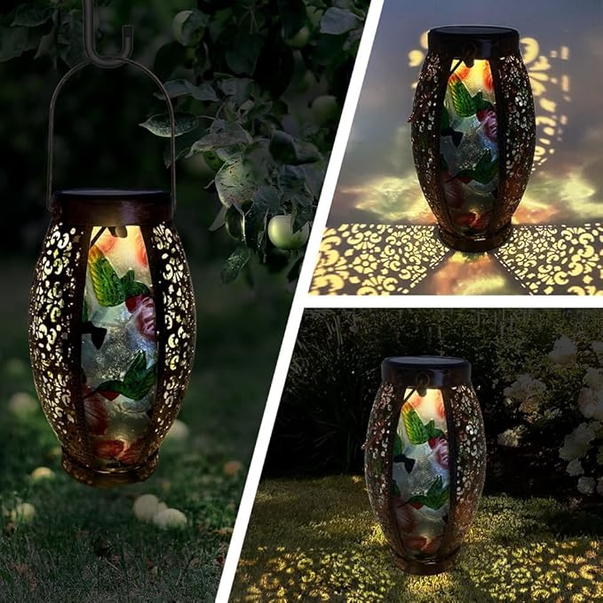 2PCS Hummingbird Solar Lanterns Glass & Metal Hanging Light Outdoor Waterproof 16" H Tabletop Lamp with Hollowed-Out Design with Shepherd's Hooks for Garden Patio Table Decor