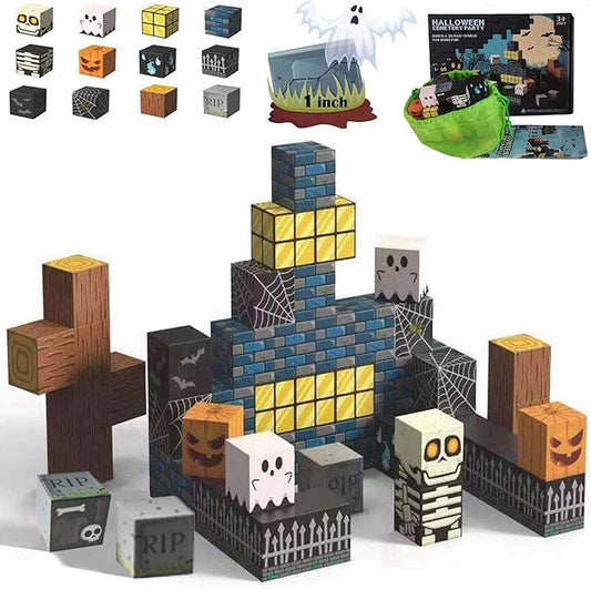 Halloween Themed Magnetic Blocks for Kids Skeleton Toys Spooky Town Building Kit Halloween Party Favors Gift for Children & Adults(1 inch)