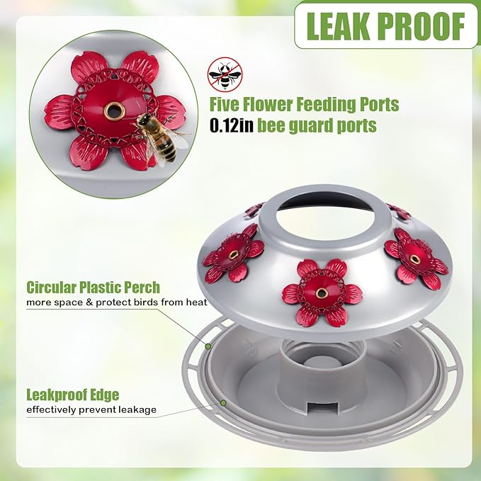 BOLITE Hummingbird Feeder, Hand Blown Glass Hummingbird Feeders for Outdoors Hanging, with Ant Moat and 5 Feeding Ports, 22 Ounces, Peony Flower Shape, Orange, Gifts for Women Men, Gifts for Mom Dad