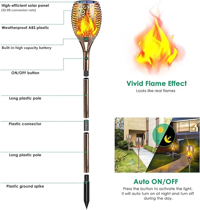 TomCare Solar Torch Lights 99 LED Flickering Flame 43" Decorative Waterproof Solar Powered Pathway Lights for Garden Patio Yard, 4Pack (Bronze)