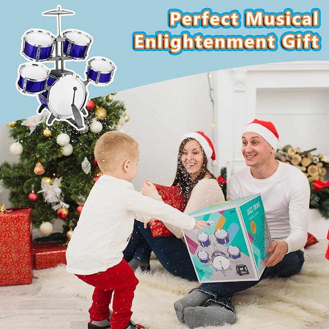 Kids Drum Set 5 Piece Toddlers Jazz Drum Kit with Stool Musical Instrument Toys for 3 4 5 6 7 Year Old Boys Girls Birthday Gift