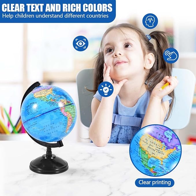 Rotating World Globe 6 Inch Spinning Earth Globe with Stand for Kids Learning Geography Classroom Education or Office Home Decorations