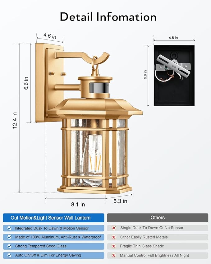 VIANIS Motion Sensor Exterior Lights for House, 2 Pack Dusk to Dawn Outdoor Lighting, Gold Outdoor Sconce Lantern, Waterproof, Weather Resistant Porch Lights Outside for House, Garage, Front Door