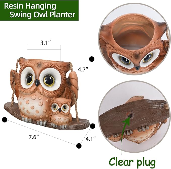 Swing Owl Hanging Planters for Indoor Plants, Cute Small Succulent Pots with Drainage Hole, Unique Resin Plant Hangers Outdoor, Hanging Plant Holder for String Of Pearls, Gift Ideas for Mother